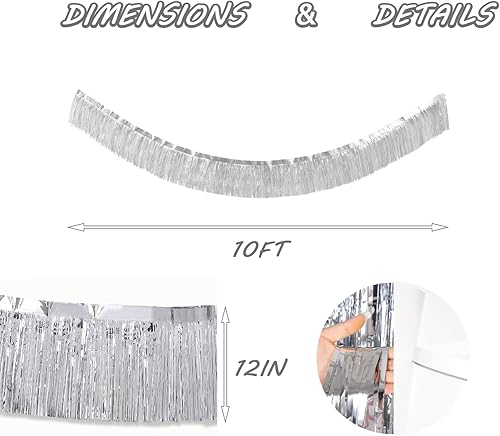 Miniatura 2 de Guirnalda de flecos de papel de aluminio plateado de 10 pies, paquete de 2 pancartas de oropel de papel metálico para decoración de desfiles de