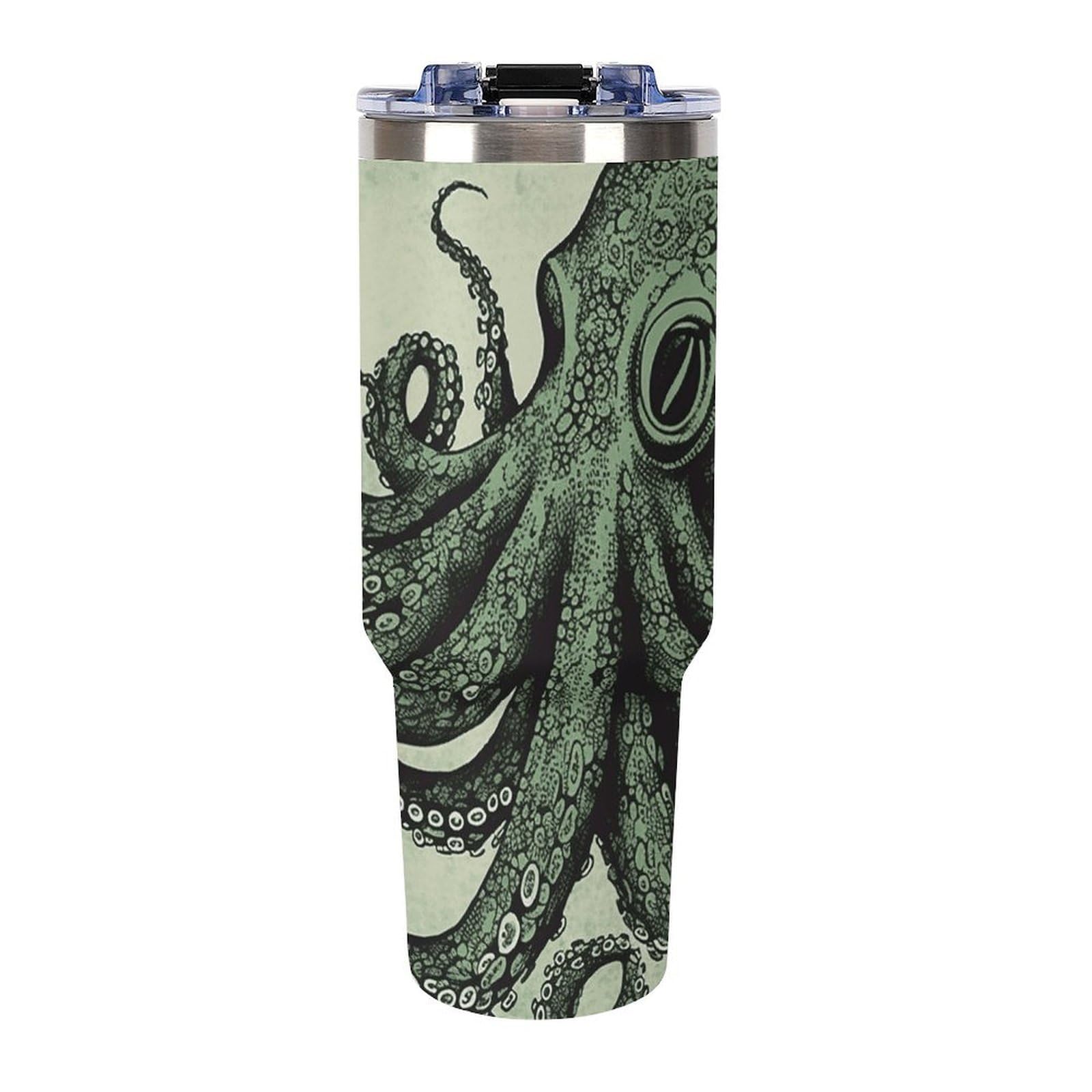 Autobecher aus 304 Edelstahl, 1,2 l, grüner Oktopus-Becher mit Strohhalm und auslaufsicherem Deckel, großes Fassungsvermögen, vakuumisolierter Reisebecher für Auto-Becherhalter