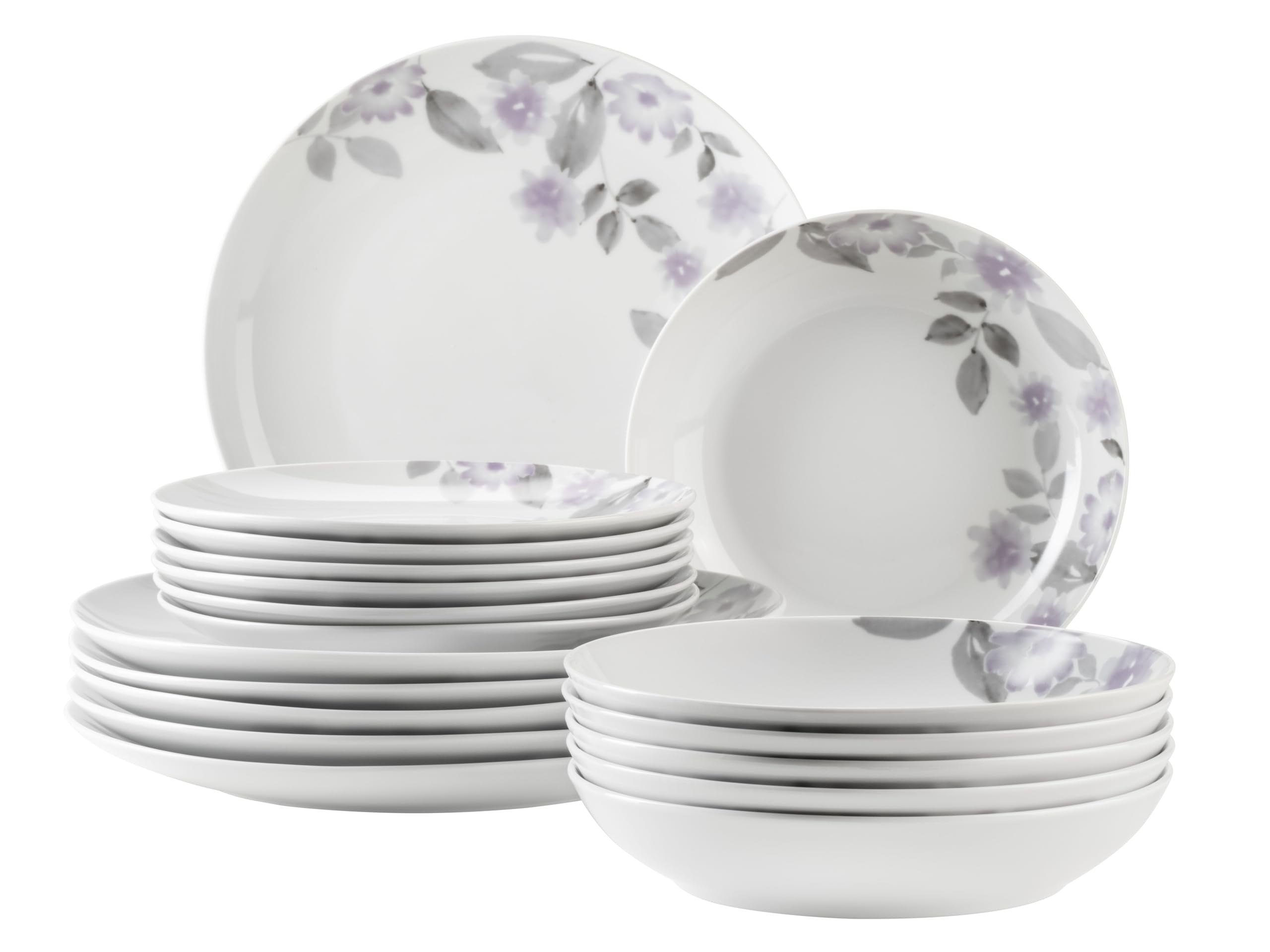 MÄSER 934136 Sono Series Plate Set for 6 People, 18-Piece Dinner Set with Dinner Plates, Soup Plates, Dessert Plates, Floral Print, Modern Floral Pattern, Porcelain, White