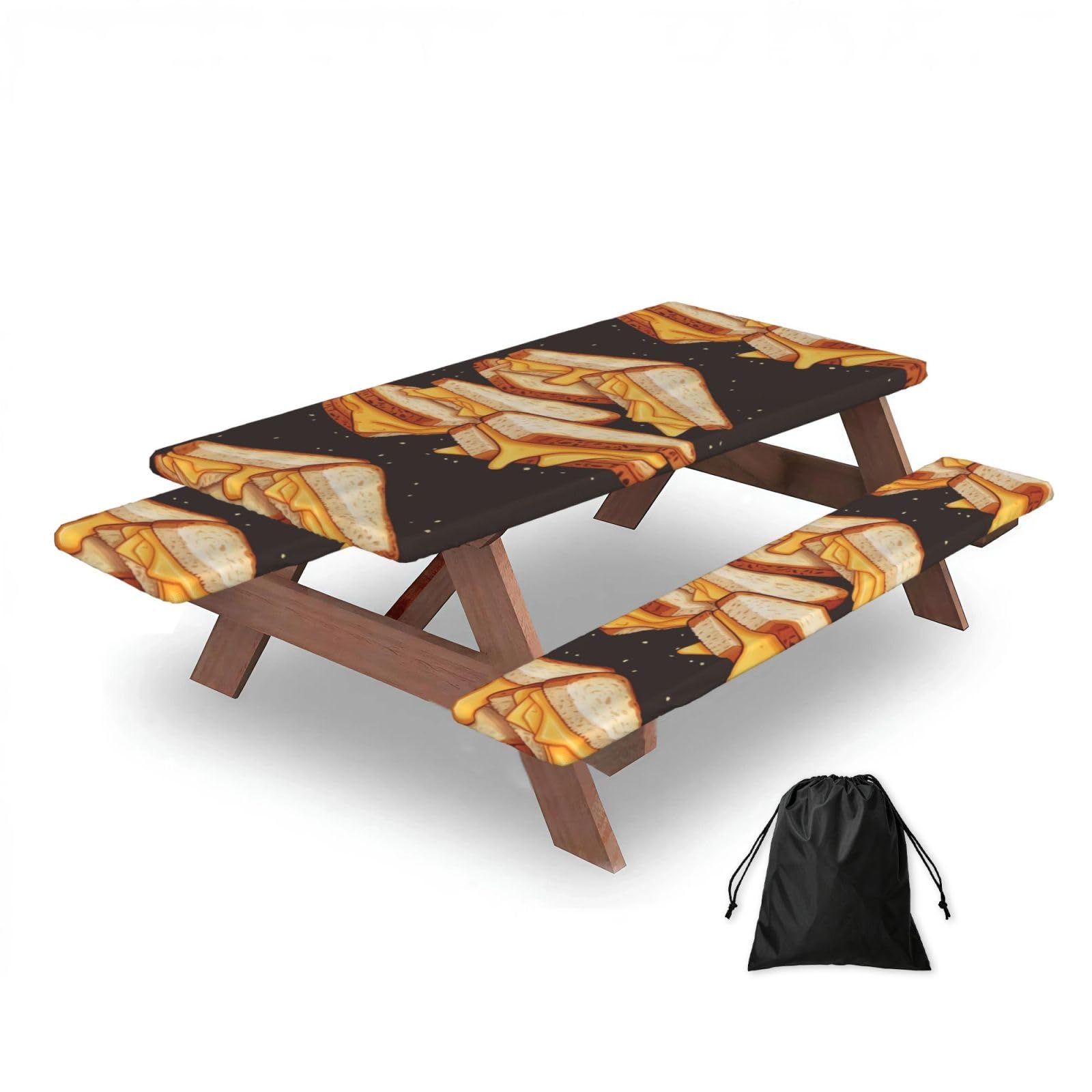 Cheese Sandwiches Print, Picnic Table Cover With Bench Covers -Waterproof Elastic Fitted Tablecloth for Garden Camping Patio 76x152cm