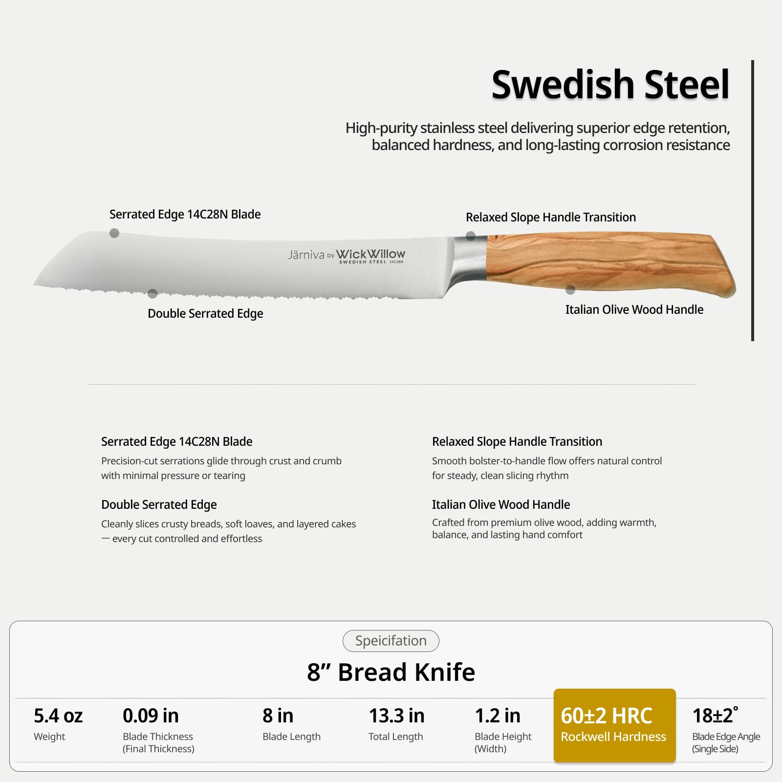 WICKWILLOW Bread Knife - Swedish Steel & Olive Wood -7 WICKWILLOW Bread Knife - Swedish Steel & Olive Wood -7
