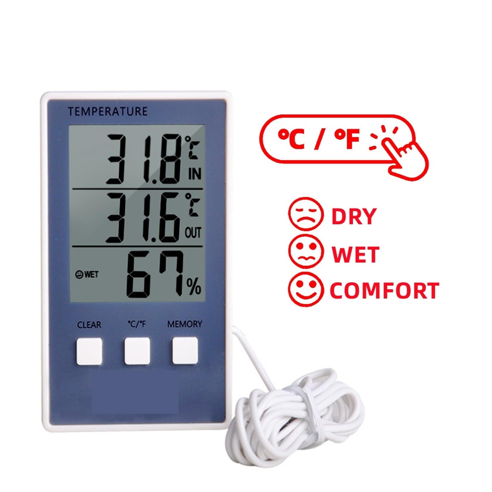Termoigrometro Termometro Digitale Igrometro Misuratore di umidità della Temperatura Interna ed Esterna C/F Display LCD Sensore sonda Stazione meteorologica