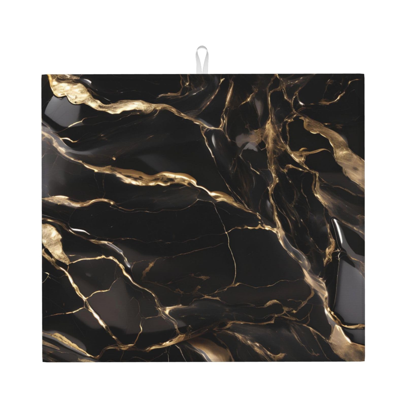 WHJSHOP Black Gold Marble Prints Kitchen Drying Mat – Absorbent Dish Throw for Countertops, Quick-Dry Non-Slip Layer with Colorful Prints, Ideal Housewarming Gift