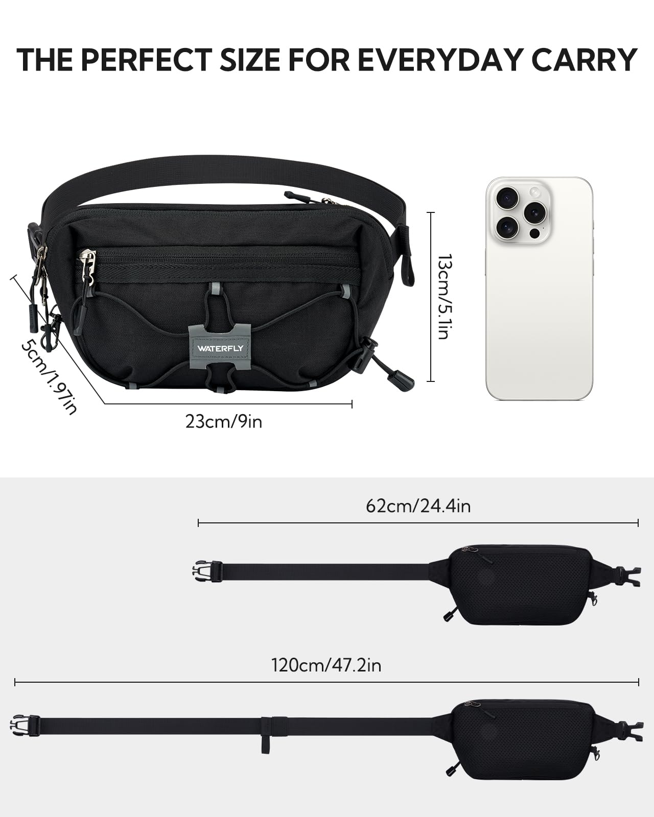 Waterfly Petite Sac Banane Homme Femme avec RFID Blocage Sacoche Banane Antivol avec Ceinture Réglable pour Voyage Randonnée Cyclisme Balade Ville Vacances Noir