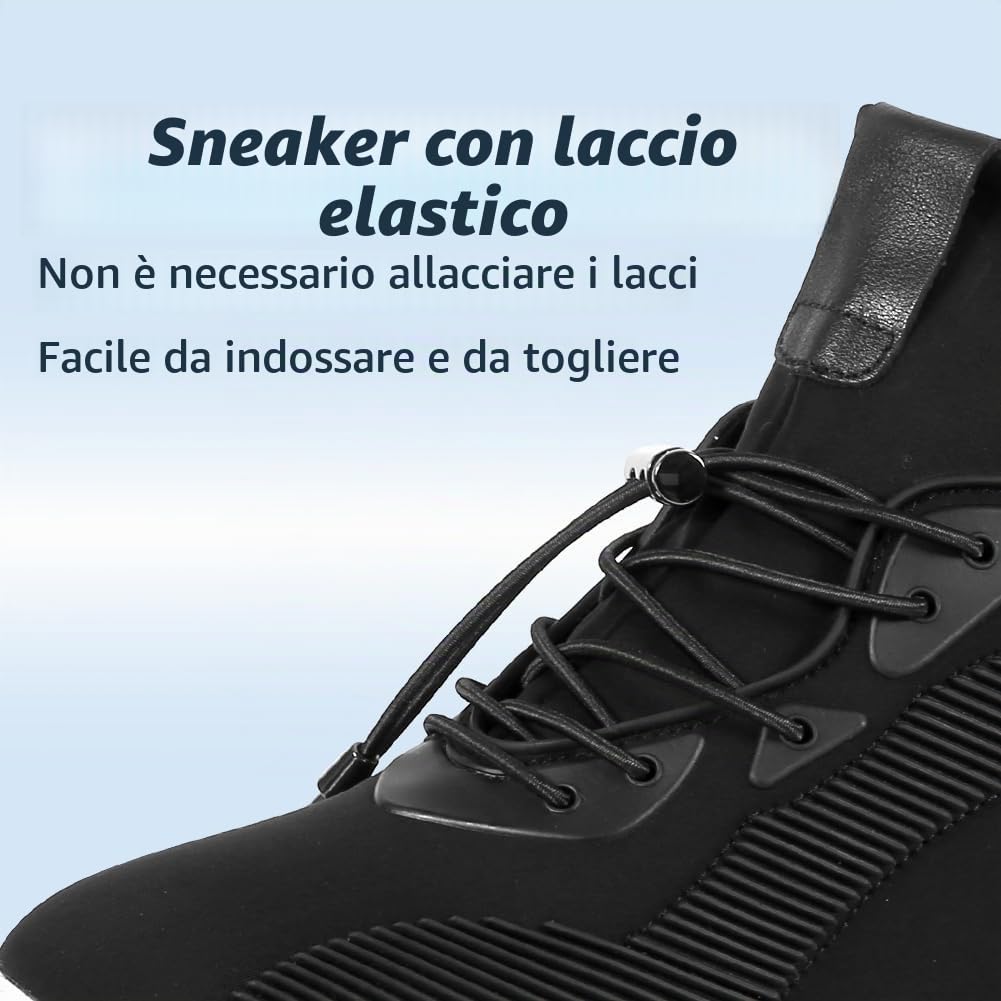 CHAMARIPA Scarpe Rialzate Uomo 6 cm Aumento Altezza Invisibile, Sneaker con Lacci Elastici a Punta Tonda in Tessuto/Pelle Morbida Nera 42EU