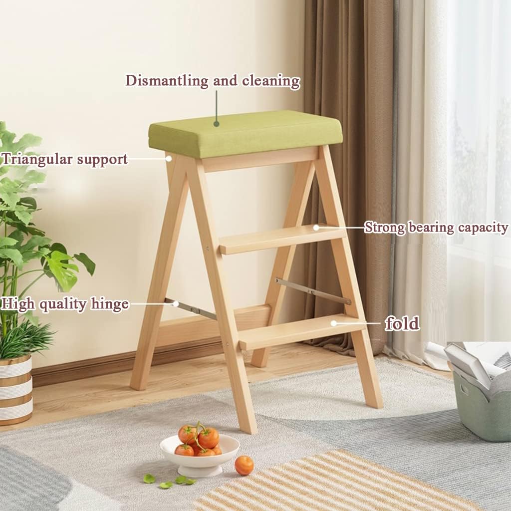 Solid Wood Three-Step Folding Step Ladder Widened and Thickened Pedal Free Retraction Step Stool Strong Bearing Capacity Save Space150kg Durable (Bamboo Primary Color Grizzle Stool Cover)