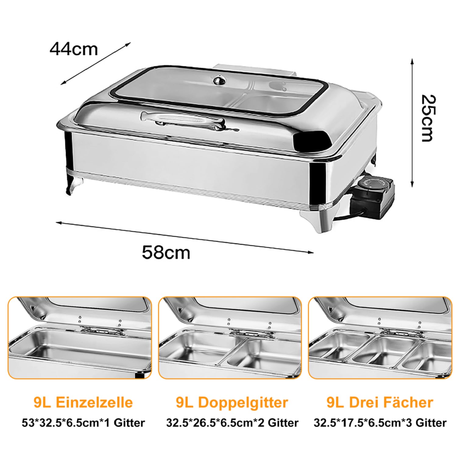 9L Chafing Dish Electrico de Acero Inoxidable, Chafing Dish Calentador de Comida para Buffet con Ajuste Perilla de Temperatura, Calentador de Buffet con Tapa Visible(A, 1/3 Pan)