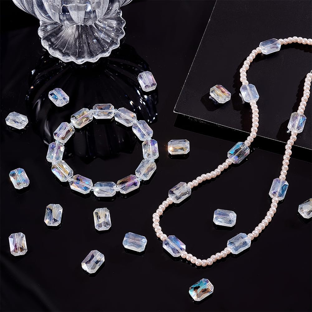 PH PandaHall 120pcs 14x10mm Faceted Glass Beads, AB Colors Crystal Beads Clear Flat Large Glass Bead Rectangle Craft Spacer Loose Bead for Jewelry Bracelet Necklace Earring Making Crafting - Image 2