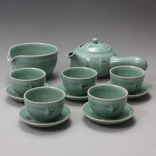 Miniatura 4 de Grúa de porcelana de celadón de estilo coreano, diseño de nube de pájaro, ceremonia de té, juego de regalo completo de servicio de cerámica de 11.8