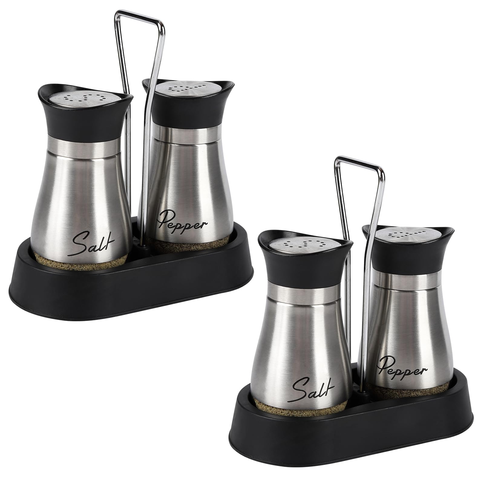 HZPZPP Salt and Pepper Sets, Salt and Pepper Shakers Set – Set of 4 Glass Salt Shakers with Stainless Steel Lids and Holder for Families, Kitchen, Dining Table, Guests, Cooking and BBQ (Silver)