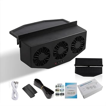 Car Solar Powered Exhaust Fan Vehicle Window Exhaust Fans Auto Ventilation Radiator Cooling Fan with 3 Air Outlets Car Vent Cooler (Black)