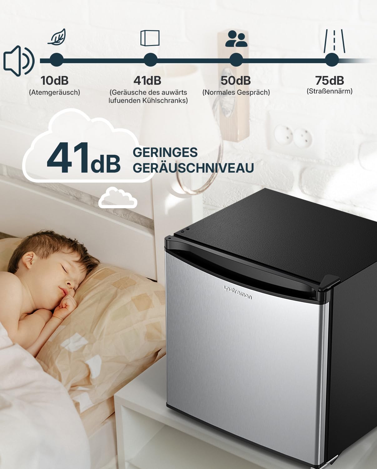 Upstreman Mini Kühlschrank 46L mit Eisfach, Temperaturregelung, Edelstahl