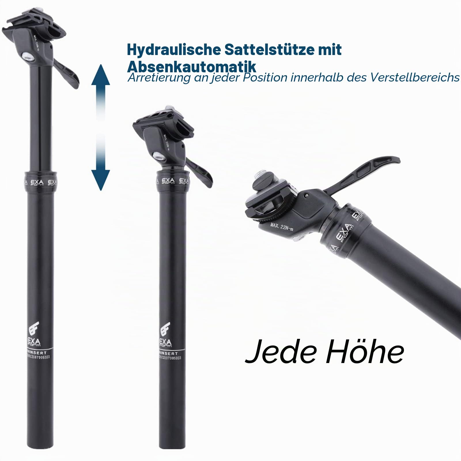 EXA Form Hydraulische Dropper Sattelstütze, 27,2 mm/30,9 mm/31,6 mm, kabellos, 100 mm/120 mm/125 mm/150 mm, Reise-Tropfstange für MTB/E-Bike/Rennrad