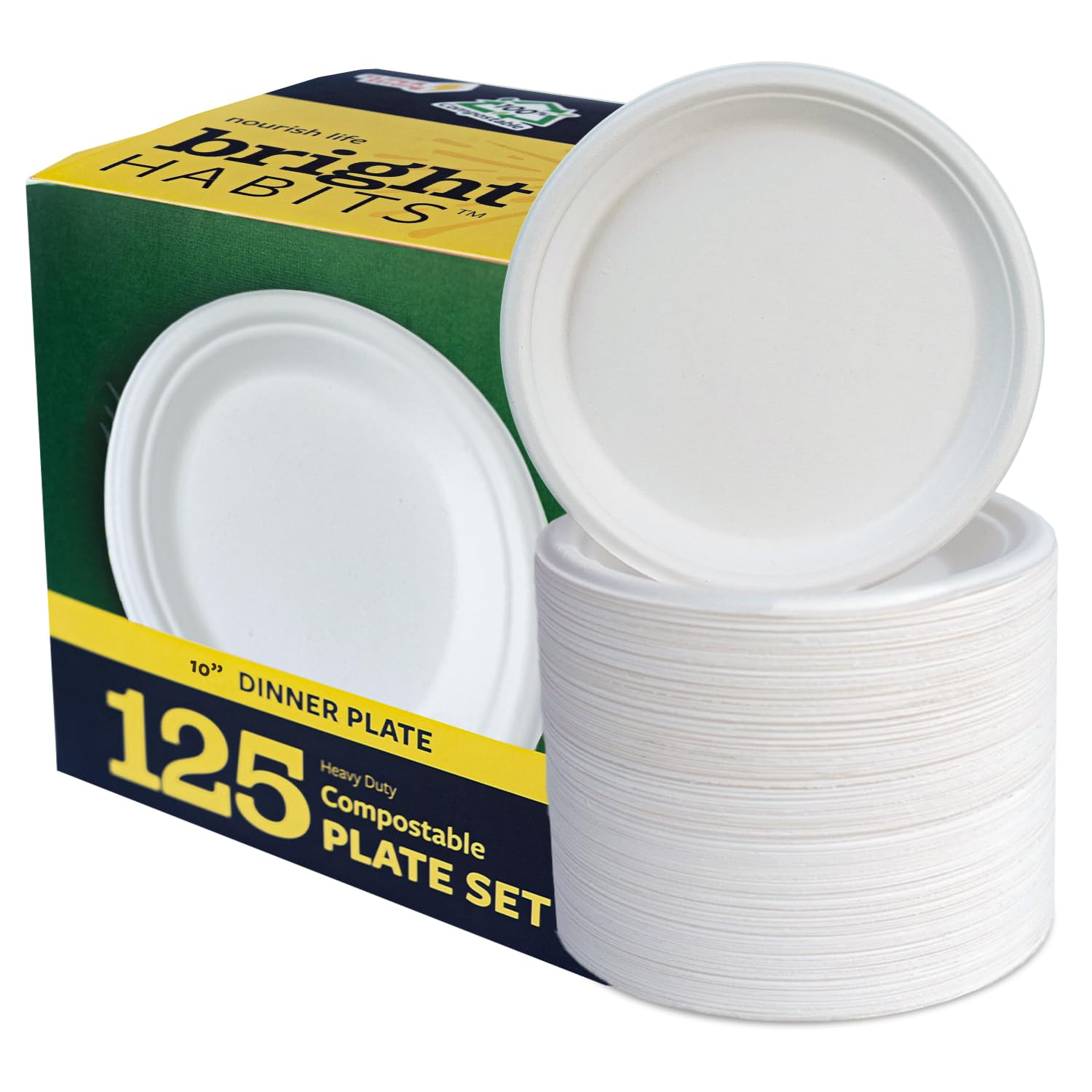 Bright Habits 10” Compostable Plates, 125-Pack | Biodegradable Sugarcane | Sturdy, Microwave-Safe Disposable Plates for Parties & Events