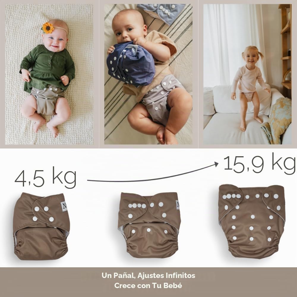 Nora's Nursery Paquete de 7 pañales de tela con 7 insertos y 1 bolsa húmeda, funda impermeable, lavable, reutilizable y tamaño único, pañales de bolsillo ajustables para recién nacidos y niños