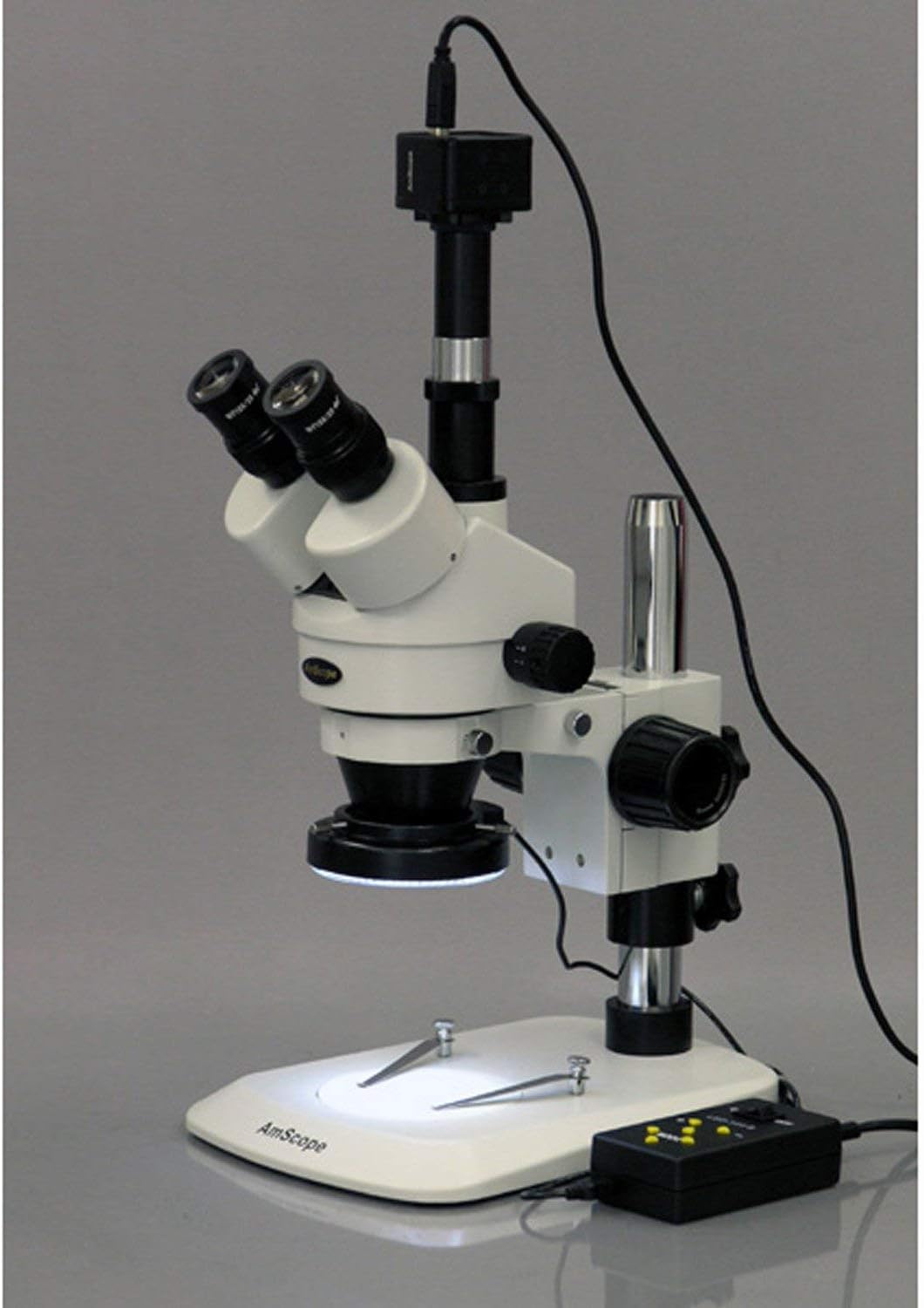 AmScope SM-1TNZ-144A-M Digital Professional Trinocular Stereo Zoom Microscope, WH10x Eyepieces, 3.5X-90X Magnification, 0.7X-4.5X Zoom Objective, Four-Zone LED Ring Light, Pillar Stand, 110V-240V, Includes 0.5X and 2.0X Barlow Lenses and 1.3MP Camera with Reduction Lens and Software