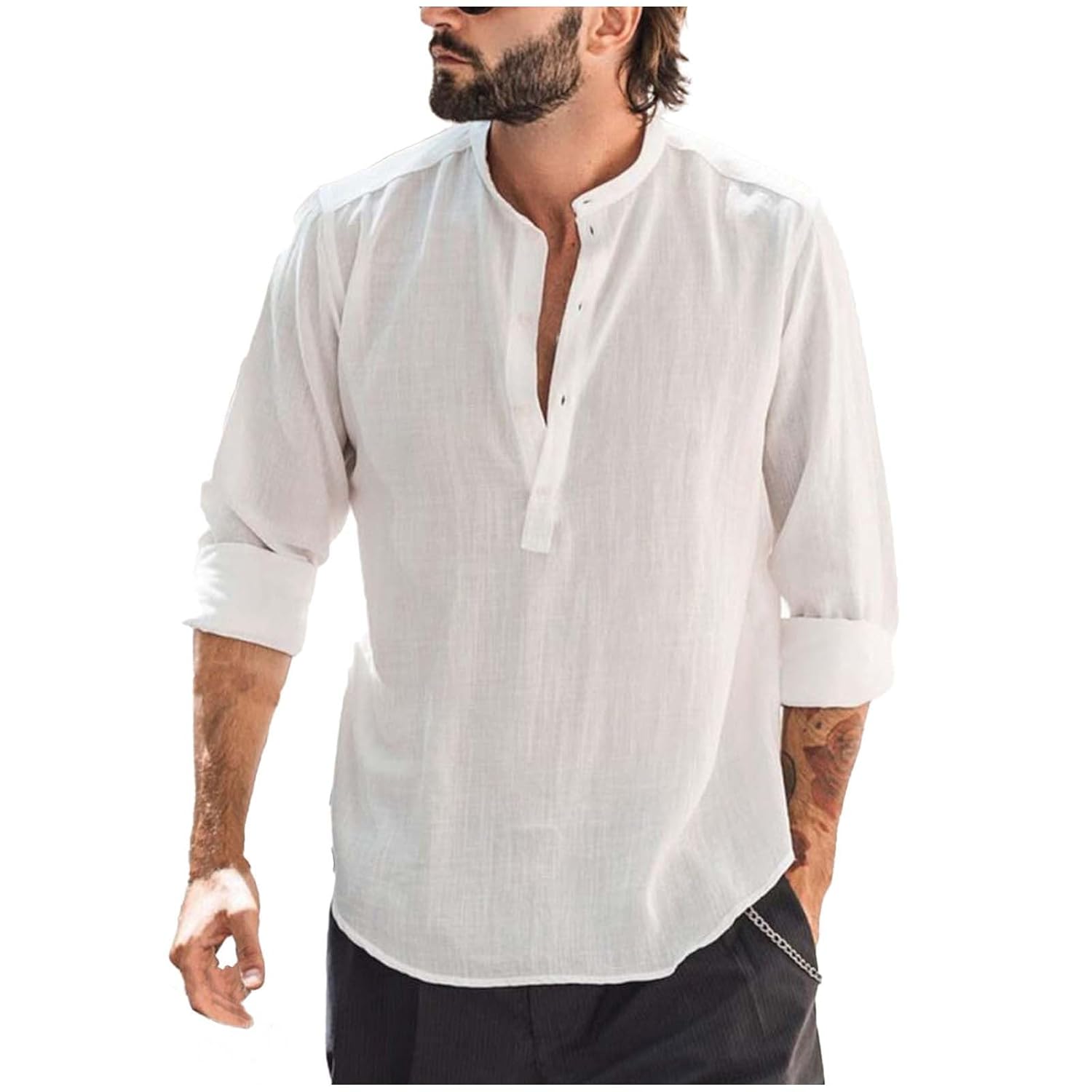 Long Sleeve Shirts for Men Stylish Banded Collar Dress Shirts Mens Button Casual Fall T-Shirts Pullover Relaxed Fit