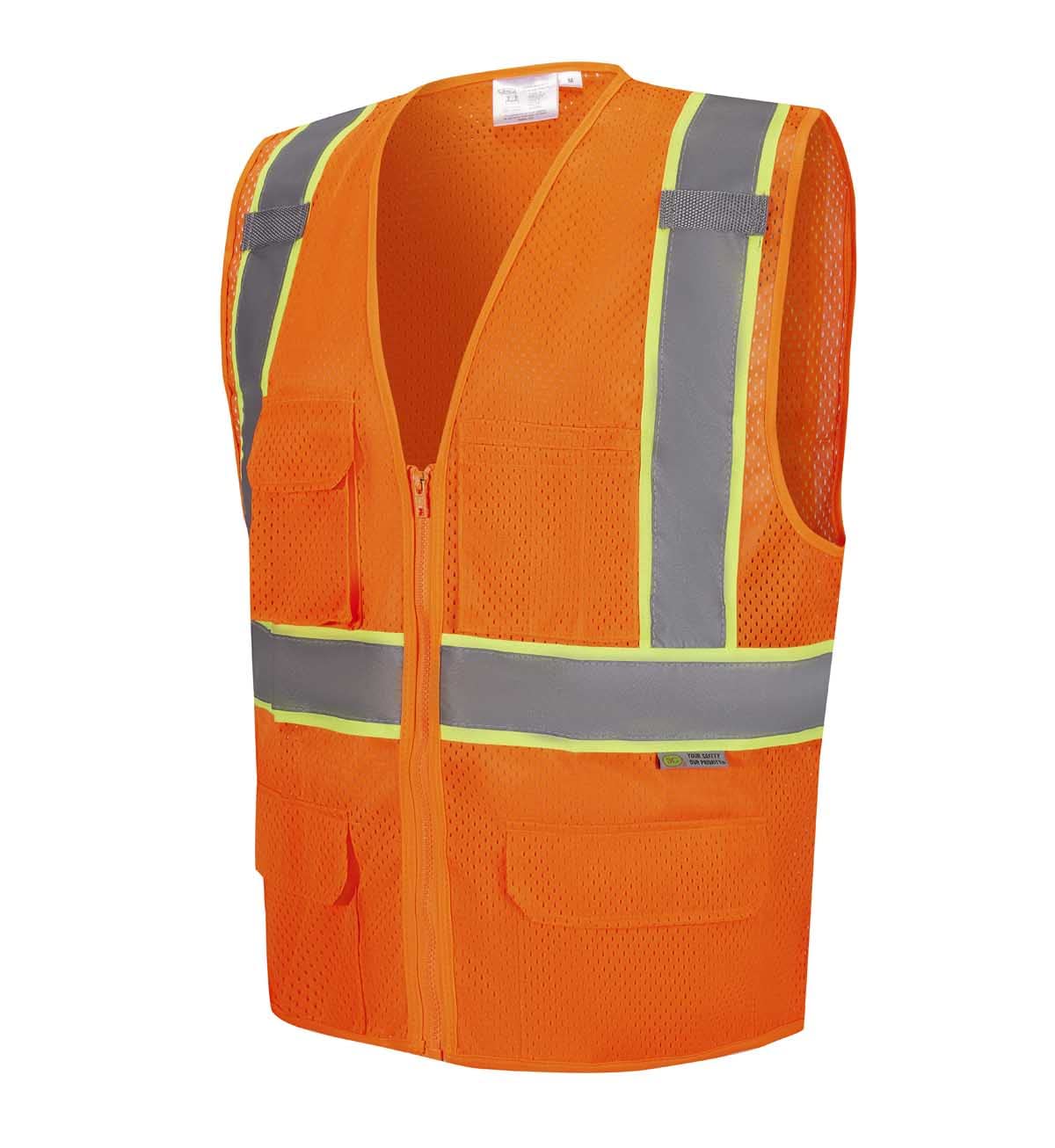 3C Products SV2600,ANSI/ISEA Class 2,High Visibility Mesh Vest,2” Reflective w/Yellow binding, Zipper,9 Pockets, Neon Orange,L