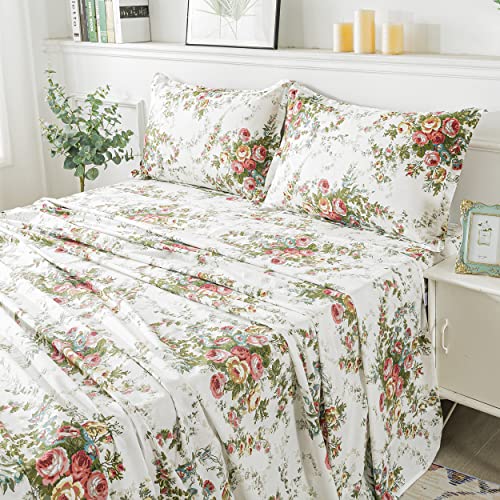 FADFAY Floral Sheets Set Queen Shabby Vintage Rose Bedding Chic Off White 100% Cotton Victorian Flower Print Bed Set Antique Farmhouse Countryside Soft Deep Pocket Fitted Sheet 4Pcs, Queen