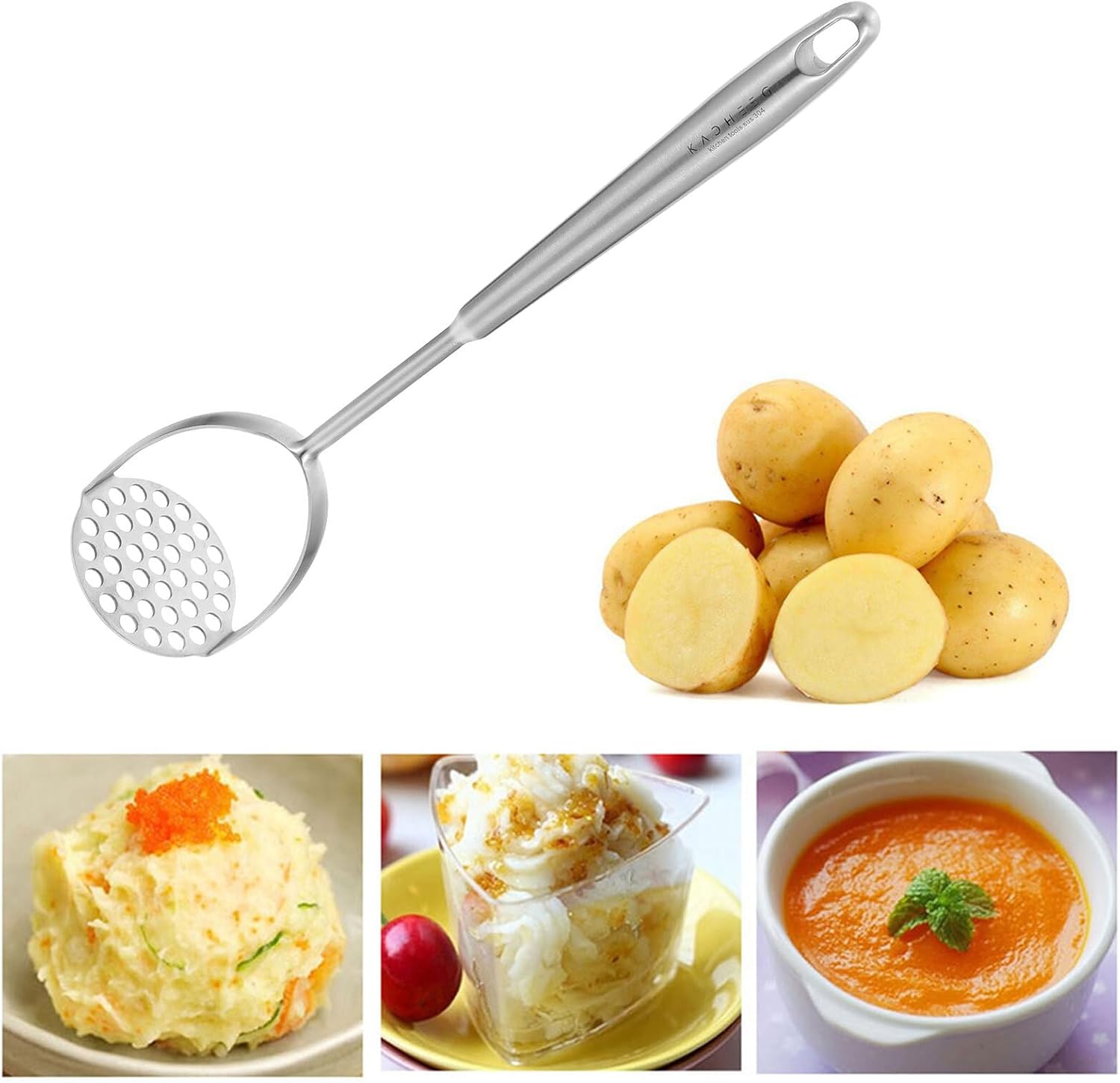 Multi-functional Potato Ricer and Vegetable Masher Handheld Kitchen Tool with Long Smooth Grip Handle for Easy Mashing and Pressing of Potatoes Pumpkin Fruits and Vegetables Silver