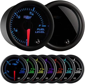 GlowShift Tinted 7 Color Adjustable Fuel Level Gauge for Gas & Diesel Vehicles - Select Various OHM Ranges - Includes Wiring - Multi-Color Display - Black Dial - Smoked Lens - 2-1/16" 52mm