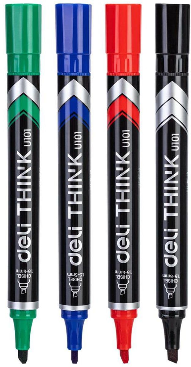 1.5-5 Mm Think Chisel Tip Permanent Marker Set 4-Pieces, Black/Blue/Red/Green, Multicolor