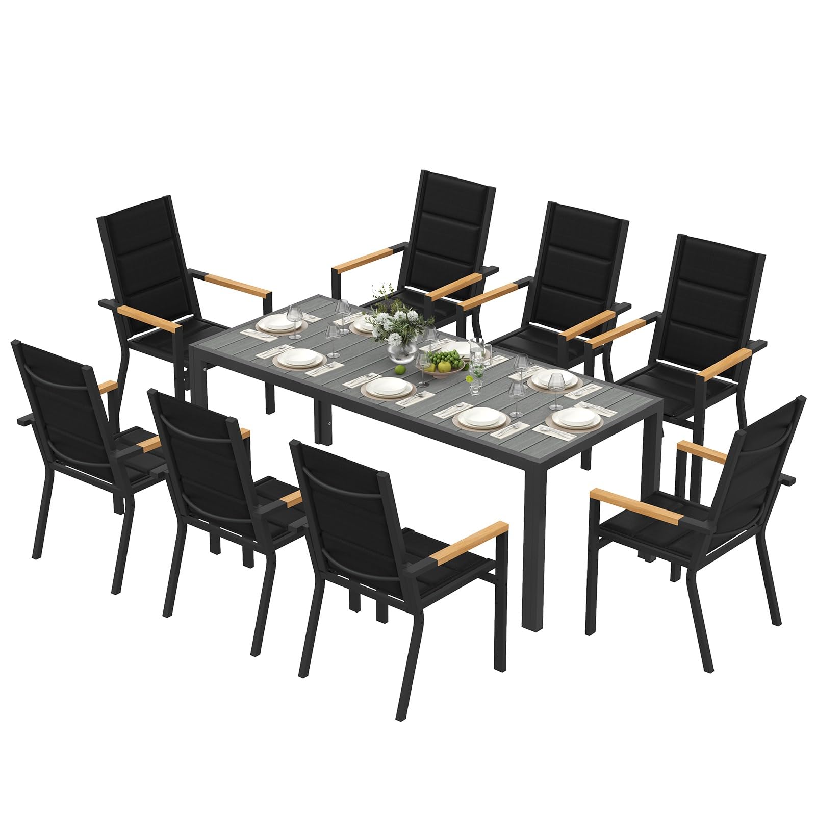 Devoko Salon de Jardin Exterieur 8 Personnes, HDPS Table de 189 cm et 8 Chaises Empilable d'Extérieur en Aluminium Durable, Design à Veine de Bois, Idéal pour Cour, Terrasse ou Bord de Piscine, Gris
