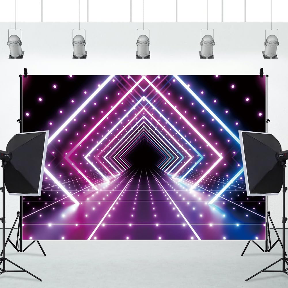 4.5x3m Let 's Glow Fondo de Fiesta de Neón Futurista Cuadrado Luces de Neón Túnel Música Fiesta de Cumpleaños Fotografía Fondo Los 80 90 's Disco Fiesta Banner