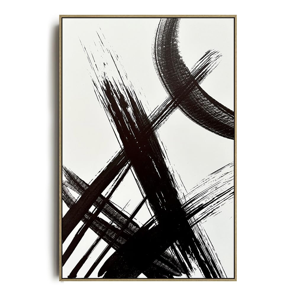 Muted Minimalism Black and White Lines Brush Strokes Abstract Wood Framed Canvas Wall Art for Bedroom - Minimalist Large Oversize 24x36 Ready to Hang Living Room, Aesthetic Antique Line Print
