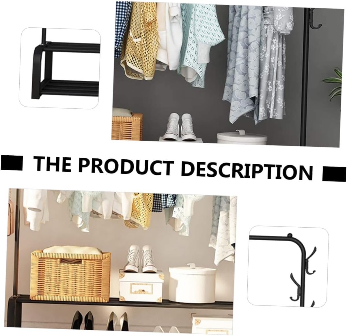 BESTonZON Clothes Stand with 6 Hooks Black Double-tier Floor Garment Rack 110cm Wide Metal Clothes Hanger Storage Holder for Jackets and Coats in Home and Office