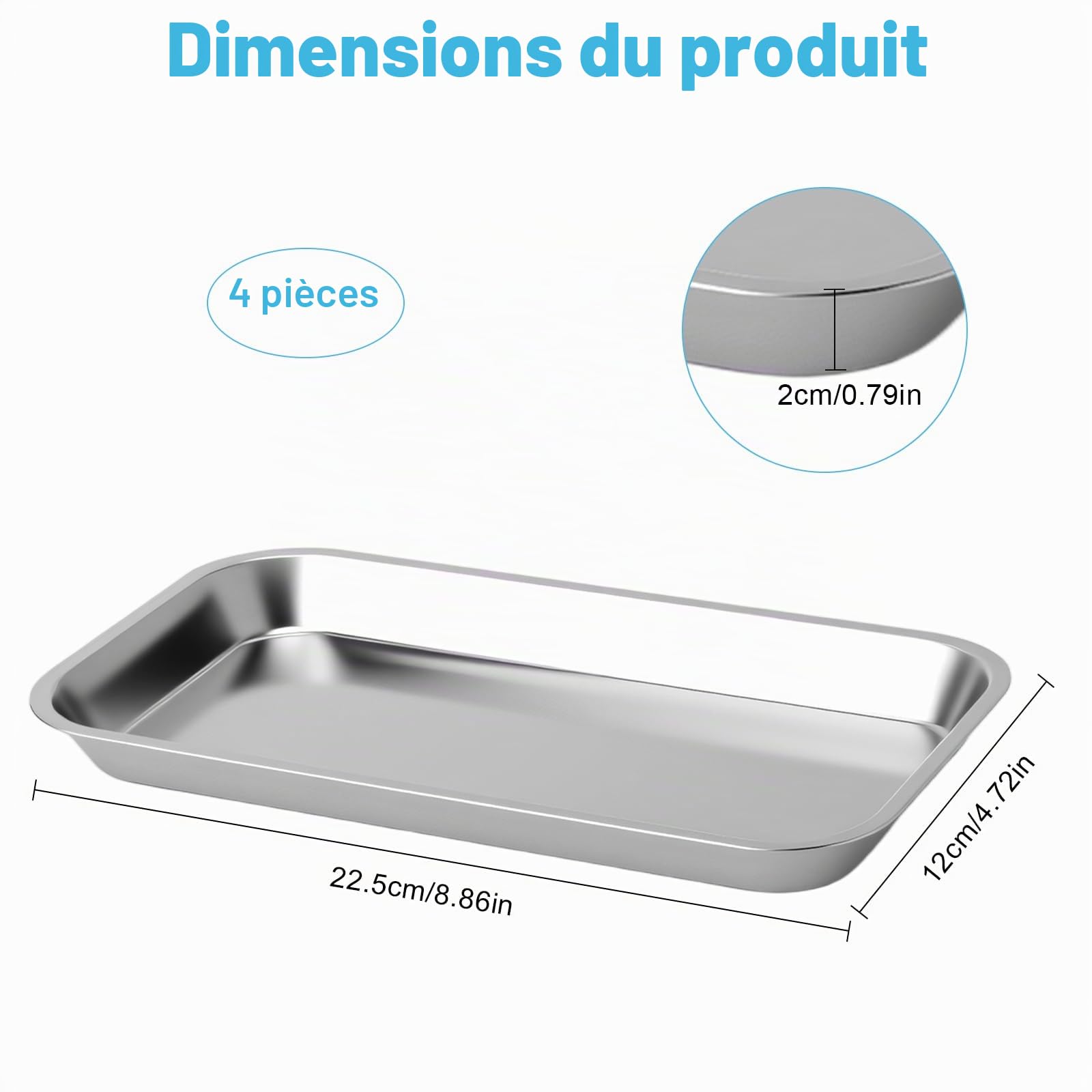 4PCS Plateau INOX Rectangulaire Set, Plat INOX Rectangulaire Petit Format, Plateau Rectangulaires en Acier Inoxydable pour Présentation, Laboratoire, Cabinet Dentaire et Formation