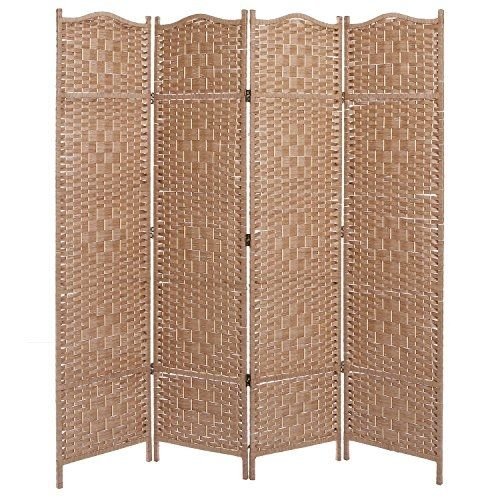 Freestanding Beige Wood Woven Textured 4 Panel Partition Room Divider