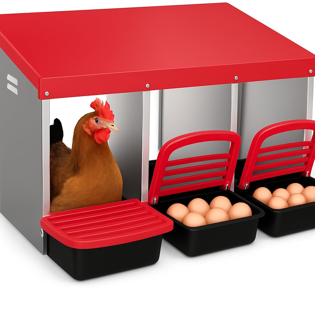 Chicken Nesting Boxes for Chickens,3 Compartment Metal Roll Away Nest Box for Chicken Coop,Chickens Laying Egg, Lid Cover to Protect Eggs,Easy Egg Collection,Hen Roosting Boxes