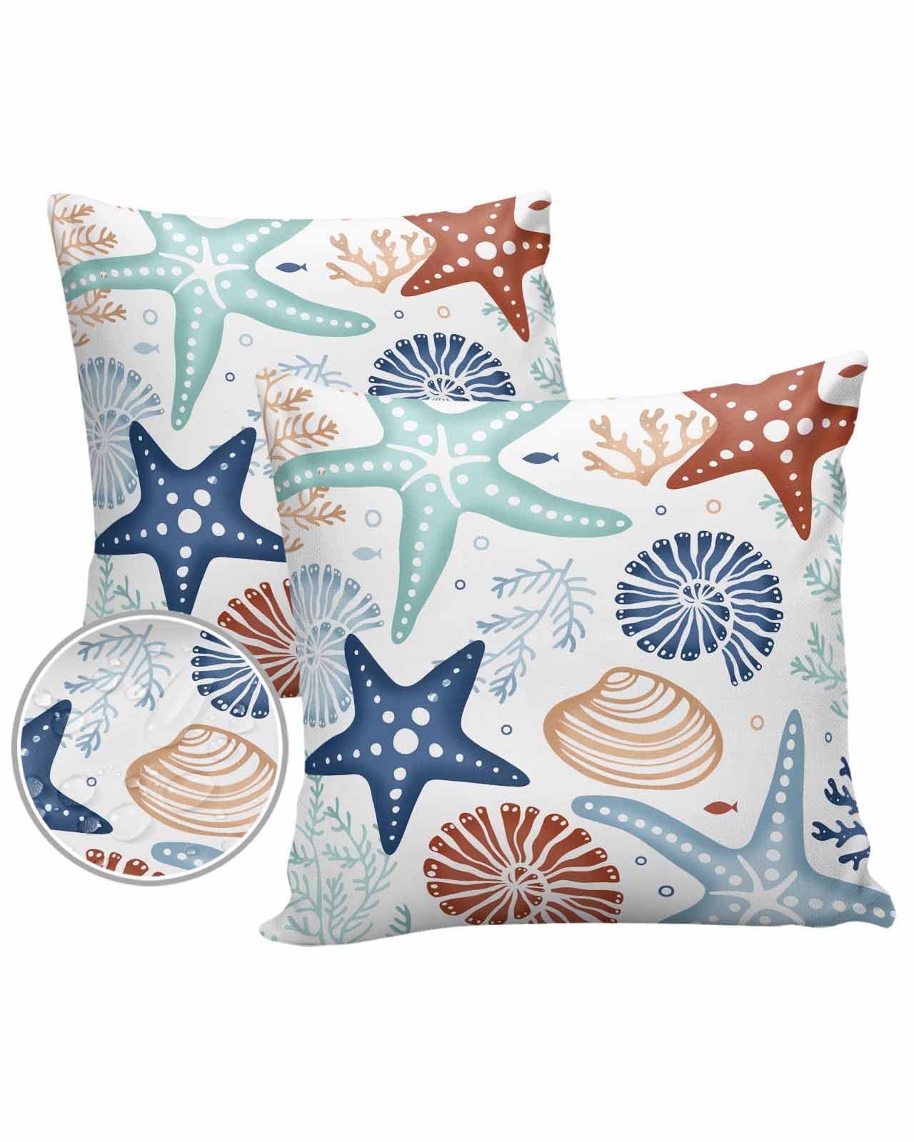 Outdoor Pillow Covers 24 x 24 in, Teal Blue Brown Starfish Coastal Waterproof Throw Pillow Cover Set of 2, Summer Nautical Coral Sea Home Decorative Square Cushion Covers for Patio/Couch/Garden