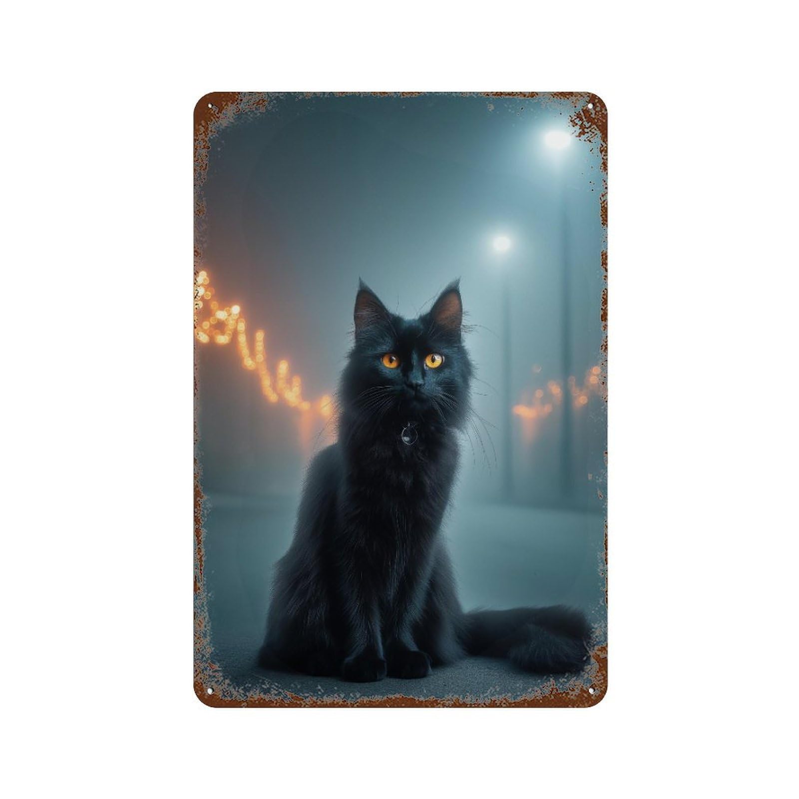 Garage Style Mystical Black Cat Night Rustic Tin Plaque 11.8"x7.9", Vintage Wall Decor for Bar And Workshop