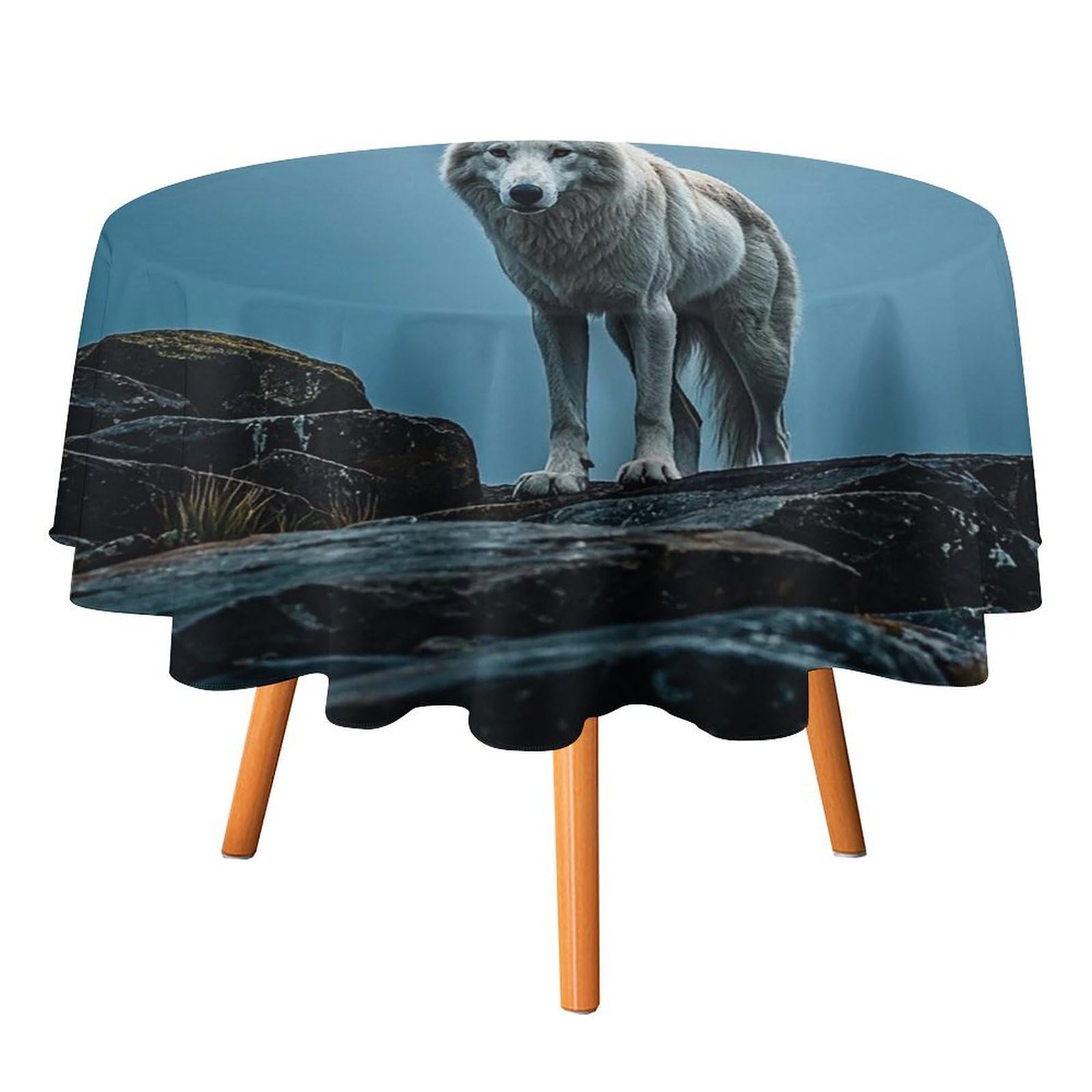SMAZDFXX The White Wolf on The Rock Tablecloth for Restaurant, Round Polyester Table Cover 50x50in for Party