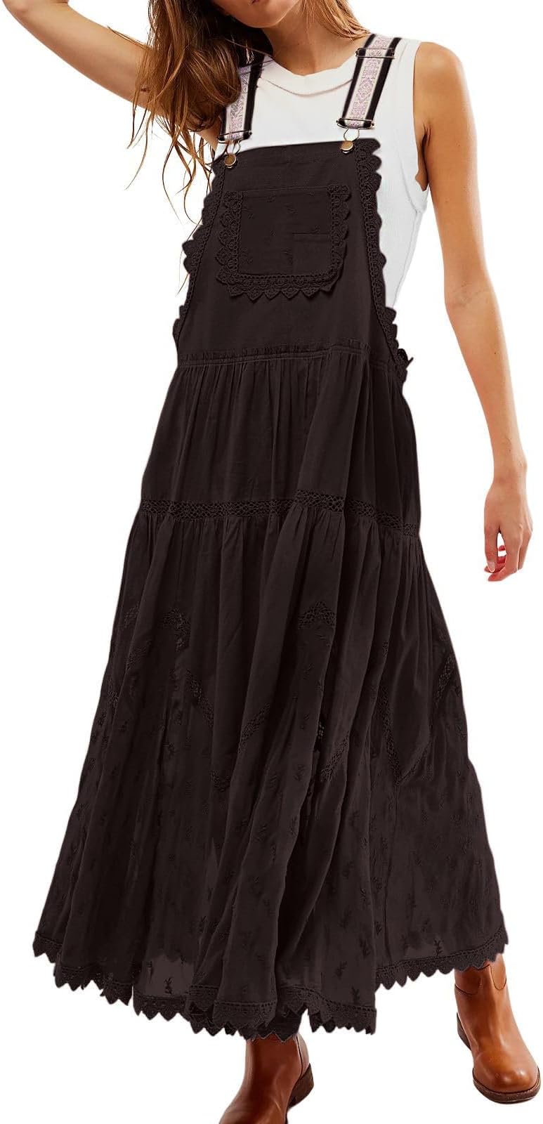 CHARTOU Women Bib Overall Dress Jumper Babydoll Pinafore Dress Embroidered Lace Maternity Straps Suspender Dress