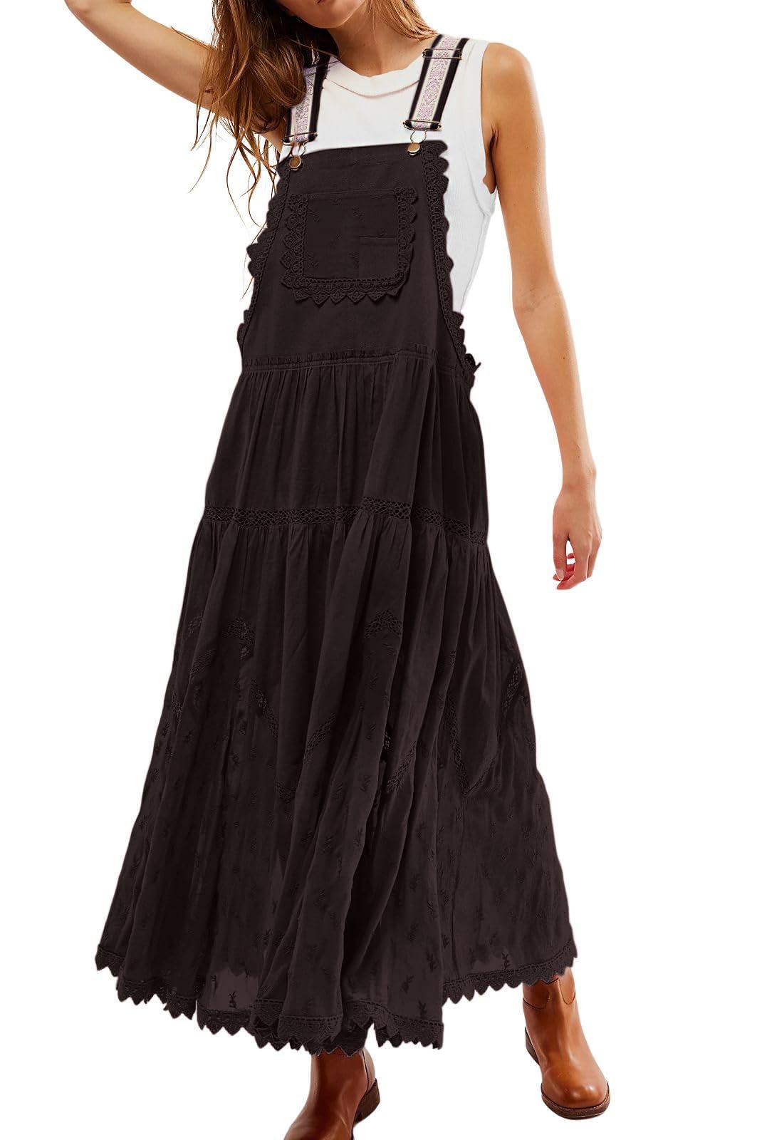 Women Bib Overall Dress Jumper Babydoll Pinafore Dress Embroidered Lace Maternity Straps Suspender Dress