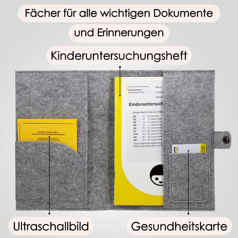 Étui Feutre Carnet De Maternité Allemand – 2 En 1 Avec Poches Pour Échographies Et Carte Assurance – Fabriqué En Allemagne