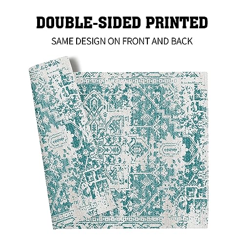 Image of Gray Teal Boho Placemats Set of 4 Ethnic Bohemian Carpet Place Mats Washable Kitchen Dining Vintage Grey Geography Floral Linen Table Mats Stain Heat-Resistant Cloth Tabel for Home Party 12x18 in