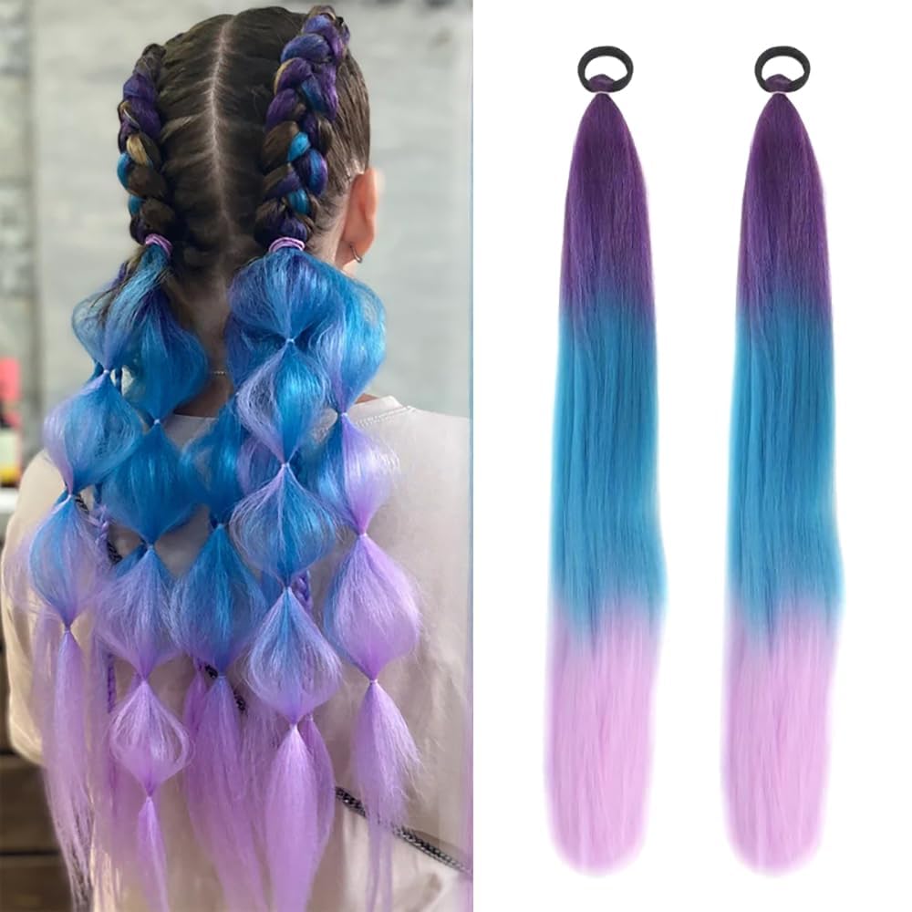 2 Pack 26 Inch Colored Ponytail Braid Hair Extensions, Blue Pink Purple Gradient Synthetic Braiding Ponytail Extensions with Hair Ties, Clip in Hair Extensions for Cosplay Party Daily Wear-image-11