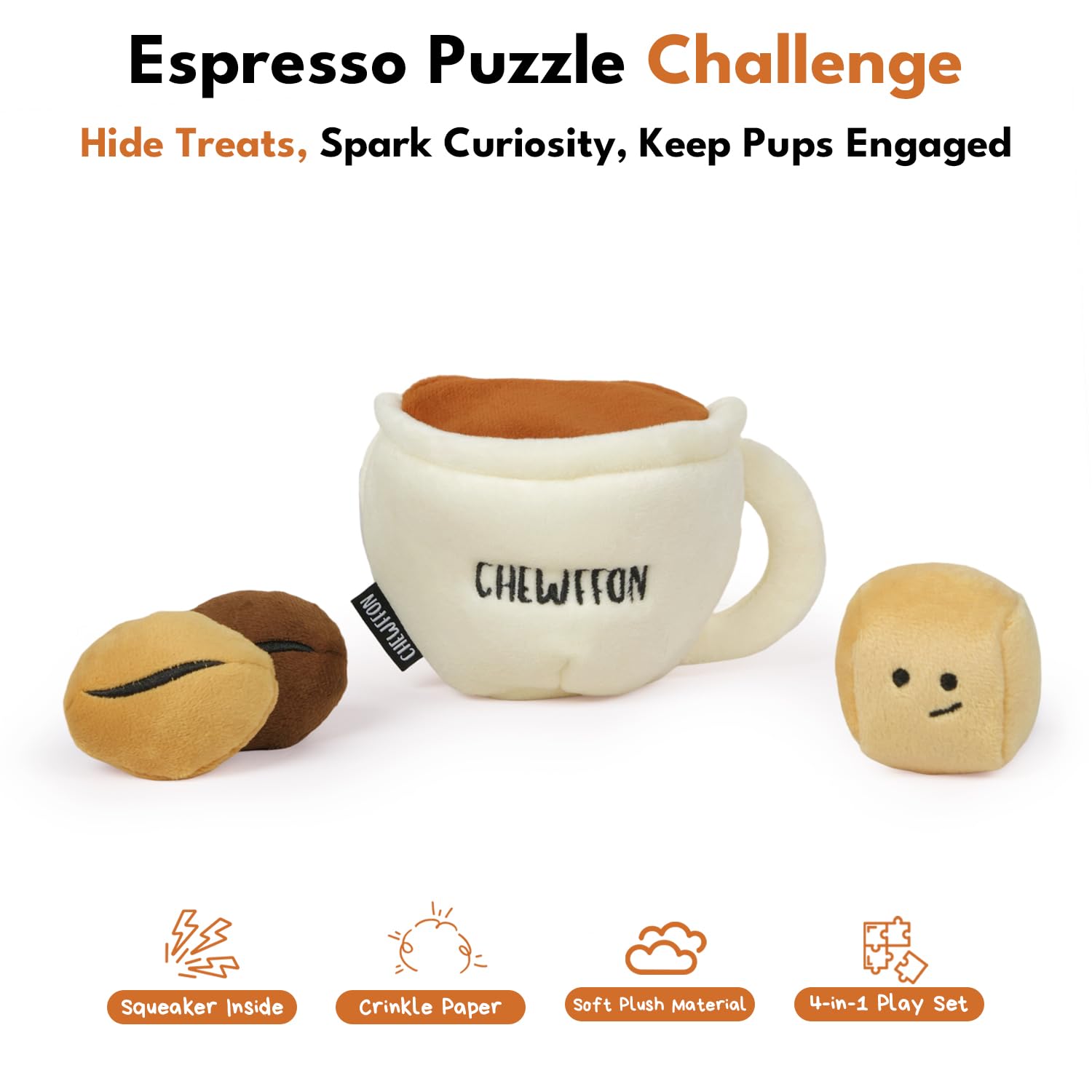 CHEWFFON Hunde-Spielzeug „Kaffeetasse“ – interaktives Schnüffel- & Versteckspielzeug mit Quietsch- und Knisterfunktion gegen Langeweile, Intelligenzspielzeug für alle Hunderassen