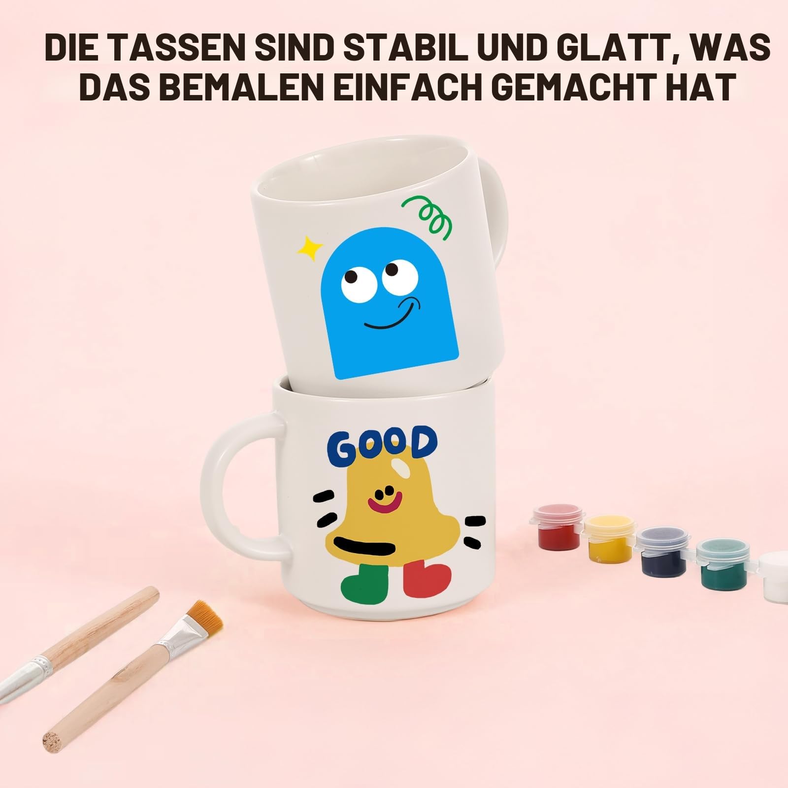 EILYGK Tassen Bemalen Set, Keramik Bemalen Set, Tassen Zum Bemalen,Inklusive 2 leere Keramikbescher, 24 lebendige Keramikfarben, 4 Pinsel, 2 Paletten, eine Anleitung