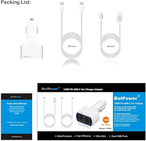 Miniatura 5 de BatPower CPD2 Cargador de coche para laptop USB-C de 120 W compatible con MacBook Pro Air USB C Laptop HP Dell Razer Surface Vehicle Charger DC