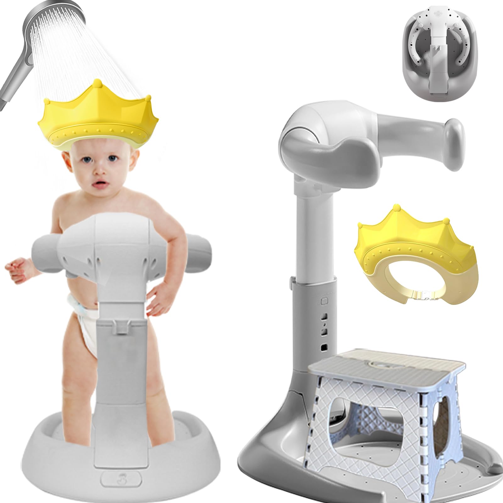 KAshack - Soporte 3 en 1 para ducha de bebé, ajustable, con asa de seguridad, para cabezal de ducha de bebés de 6 a 36 meses, artículos esenciales de baño para bebés, color gris y blanco
