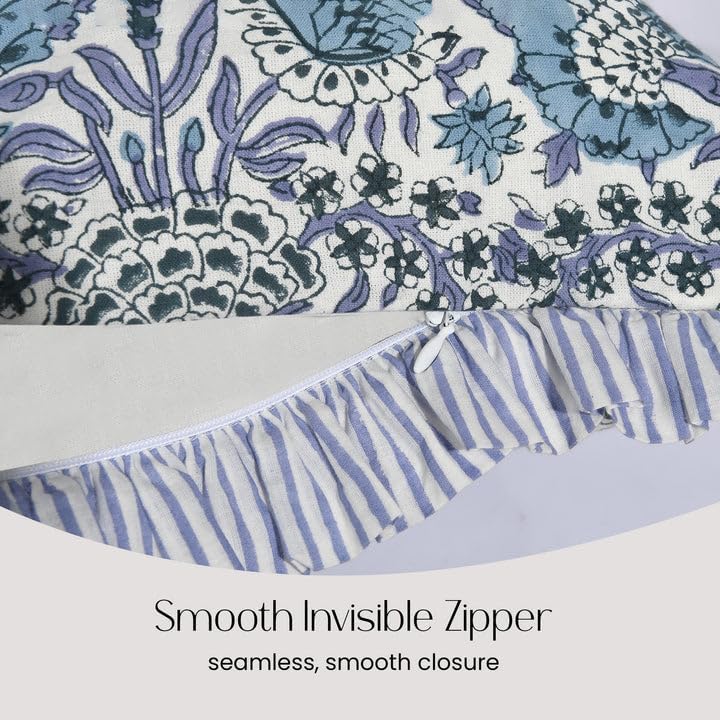 CPC Indigo Blue 100% Cotton Block Print Ruffle Sham Cover 12x20 inch, Handmade Boho Floral Pillowcase, Farmhouse Cottagecore Bedding, Soft Decorative Cushion Cover for Bedroom Décor - Image 3