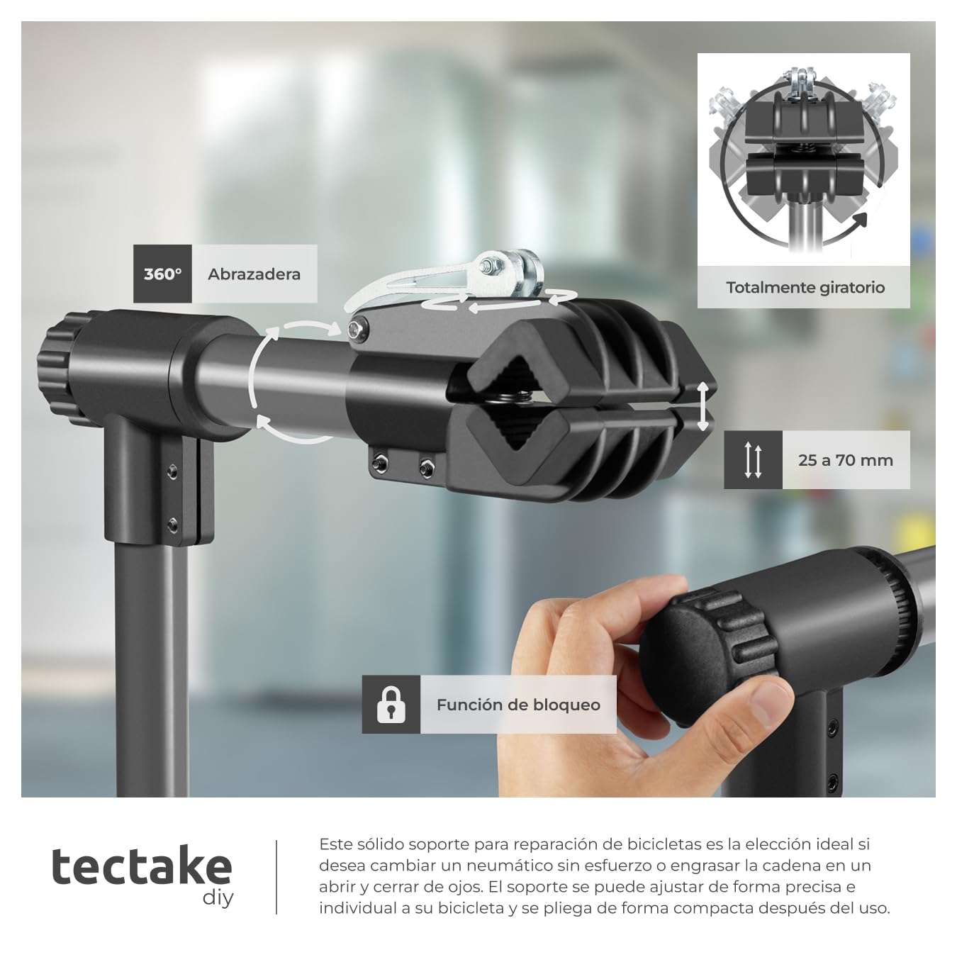 tectake® Soporte Bicicleta Suelo, Ajustable en Altura, Giratorio 360º, Soporte Bici Plegable con Bandeja, Herramientas Bicicleta Montaña o Carretera, Fácil Montaje, Firme y Estable, Carga máxima 45 kg