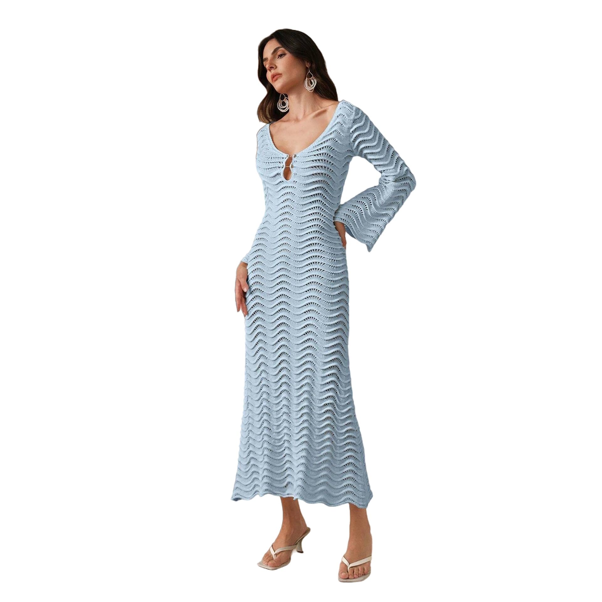 Womens Crochet Swimsuit Cover Up Sexy Hollow Out V Neck Backless Maxi Dress Long Sleeve Beach Bikini Coverup