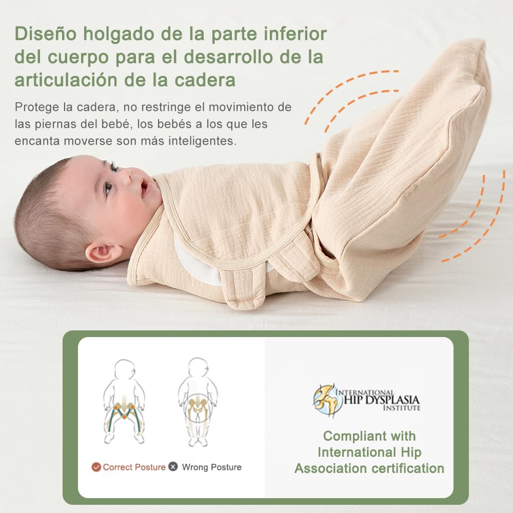 Bebé Mantas Envolventes, Bebé Swaddle Wrap Manta para 0-3/3-6 Meses Bebé, 3 in 1 Saco Dormir Bebe Orgánico Algodón, Mantas Envolventes Ajustable Ensanchar Velcro para Bebé (Caqui, 3-6 Meses)