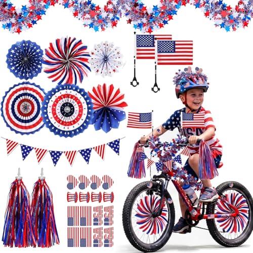 4th of July Bike Decorations for Kids Parade Patriotic Bike Decor Kit with Red White Blue Bicycle Flag Streamers Banners Ppaer Fans for Memorial and Independence Day